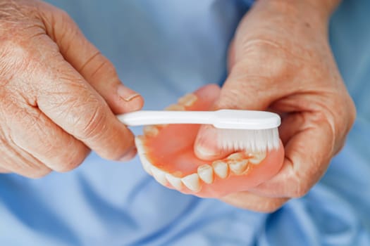 Asian senior woman patient brush teeth denture with toothbrush for chew food.