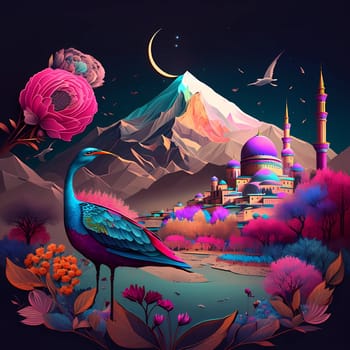 Colorful illustration of Muslim mosque. Beautiful landscape with a pond, mountains and birds. Illustration.