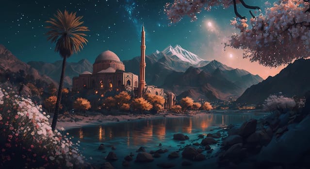 Colorful illustration of Muslim mosque. Beautiful landscape with a pond, mountains and birds. Illustration.