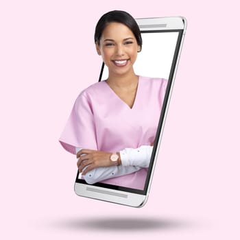 3d telehealth nurse, phone and online with screen, portrait and happy for app by pink background. Medic woman, face or smile for healthcare, advice or communication on internet for wellness service.