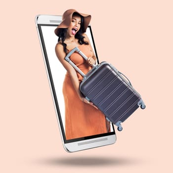 Phone, woman and suitcase on 3d screen for portrait, happiness and summer vacation by studio background. Girl, young and excited face with bag for international travel, holiday and happy by backdrop.