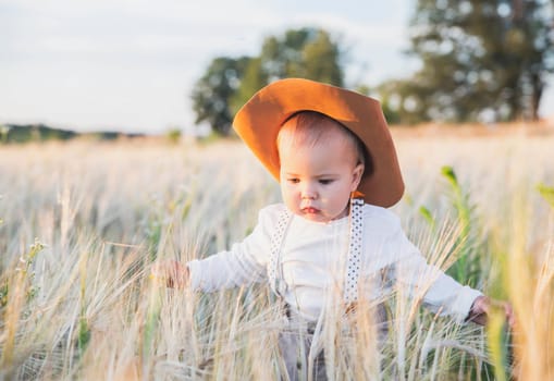 Charming baby in a cowboy costume in a wheat field on the sunset.