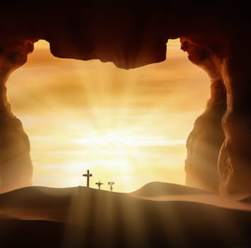 The concept of Easter Sunday, the cross of the crucifixion of Jesus Christ, the concept of the Christian faith. The tomb is empty with a cross in the background of the dawn Resurrection of Jesus generative ai High quality image