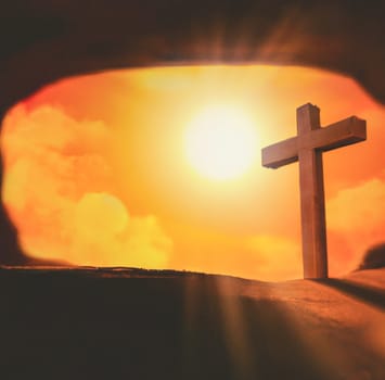 The concept of Easter Sunday, the cross of the crucifixion of Jesus Christ, the concept of the Christian faith. The tomb is empty with a cross in the background of the dawn Resurrection of Jesus generative ai High quality image