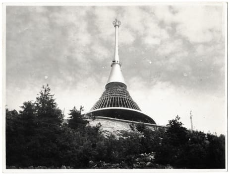 THE CZECHOSLOVAK SOCIALIST REPUBLIC - CIRCA 1960s: Retro photo shows view on Jested. Jested mount and broadcaster near Liberec, Ore mountains, Czech Republic. Black and white vintage photography