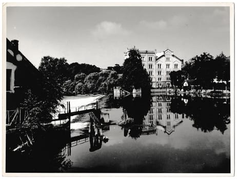 THE CZECHOSLOVAK SOCIALIST REPUBLIC - CIRCA 1960s: Retro photo shows view on weir. Black and white vintage photography