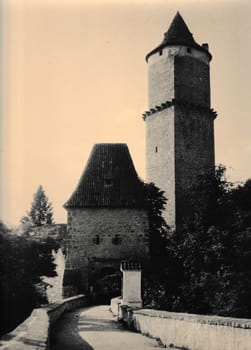 THE CZECHOSLOVAK SOCIALIST REPUBLIC - CIRCA 1960s: Retro photo shows a view of the medieval castle. Black and white vintage photography