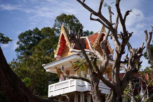 A traditional Thai gazebo in a park of dead trees.