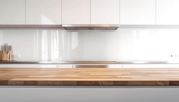Empty top wooden kitchen counter with white kitchen in the background. Generative AI.