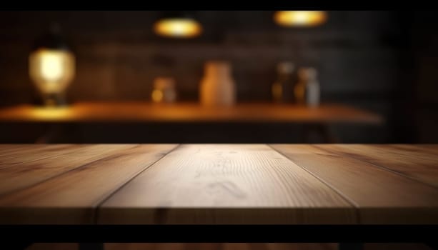 Empty wooden table for product display with blurred dark living room background. Genrative AI.