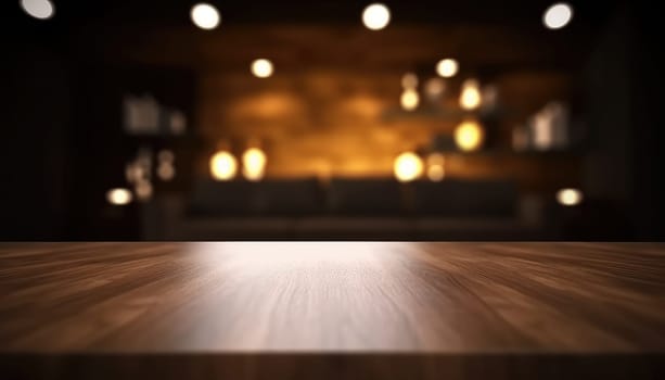 Empty wooden table for product display with blurred dark living room background. Genrative AI.