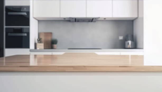 Empty top wooden kitchen counter with white kitchen in the background. Generative AI.