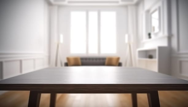 Empty table and copy space with blurred living room background in the morning. Generative AI.
