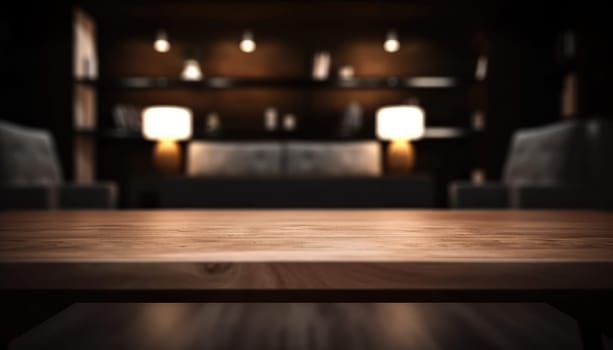 Dark wooden empty table for product display with blurrd living room background. Generative AI.