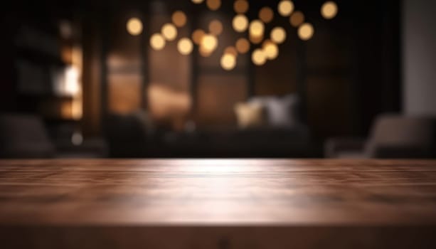 Empty table in dark trendy living room with blurred background. Generative AI.