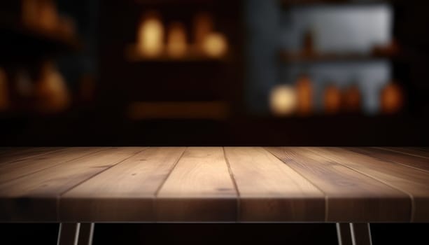 Empty wooden table with copy space against dark rustic living room background. Generative AI.