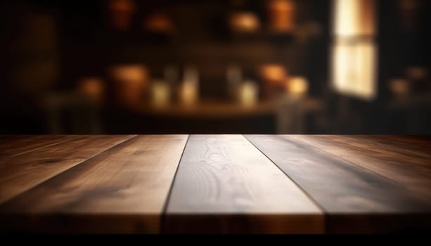 Dark rustic living room with empty table for product display. Generative AI.