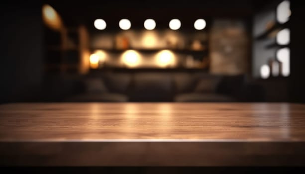 Empty table in dark trendy living room with blurred background. Generative AI.