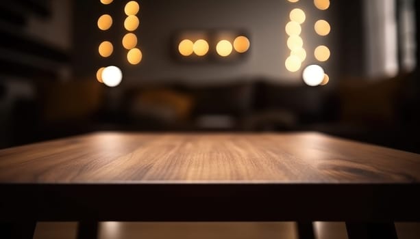 Dark wooden empty table for product display with blurrd living room background. Generative AI.