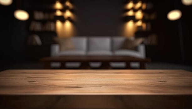 Dark wooden empty table for product display with blurrd living room background. Generative AI.