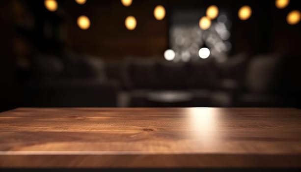 Empty wooden table in dark stylish living room with blurred background. Generative AI.