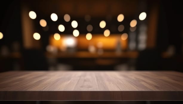 Dark wooden empty table for product display with blurrd living room background. Generative AI.