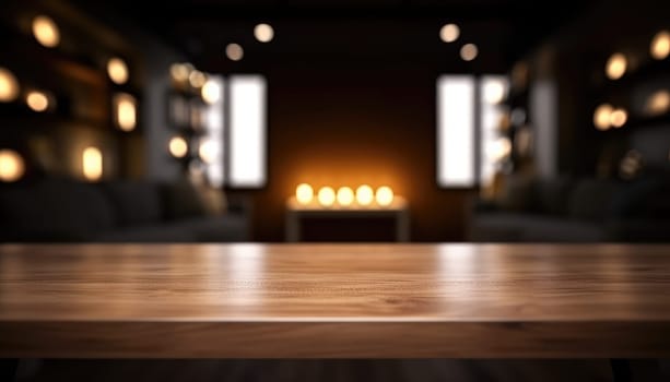 Empty wooden table with copy space against dark rustic living room background. Generative AI.