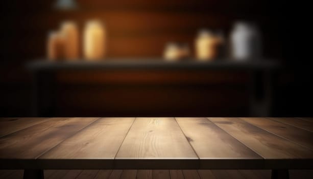 Dark wooden empty table for product display with blurrd living room background. Generative AI.