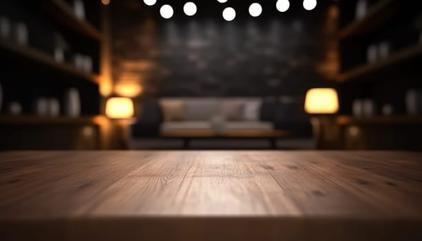 Empty wooden table for product display with blurred dark living room background. Genrative AI.