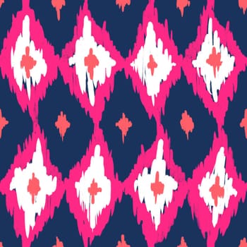 Hand drawn seamless pattern with ikat ethnic traditional indonesian fabric print. Blue indigo pink abstract geometric stripes lines design mid century modern splash stroke vibrant print with rhombus diamond shapes