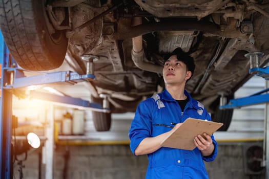 Vehicle service maintenance asian man checking under car condition in garage. Automotive mechanic maintenance checklist document. Car repair service concept.