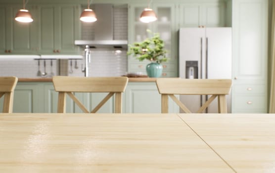 Green kitchen interior with island. Stylish kitchen with wooden worktops. Cozy olive kitchen with utensils and appliances. Close-up of a dining table in the background of the kitchen. 3D visualization