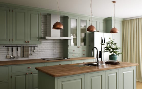 Green kitchen interior with island. Stylish kitchen with wooden worktops. Cozy olive kitchen with utensils and appliances. Close-up of a kitchen worktop. 3D visualization