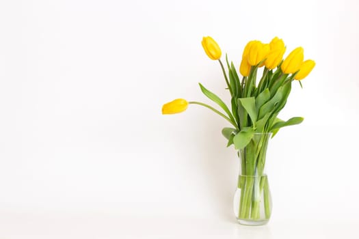 An exquisite bouquet of yellow tulips in a glass vase on a white background. Space for copying.