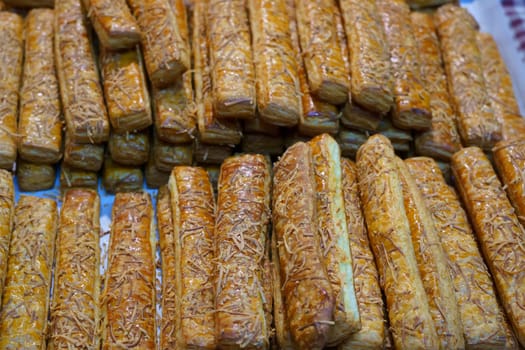 close up of group of pastries sold in the store. Top view.