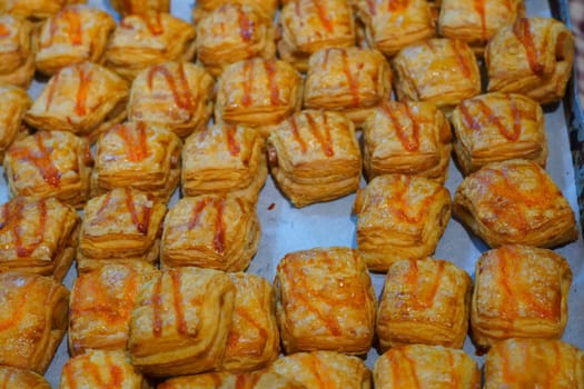 close up of group of pastries sold in the store. Top view.