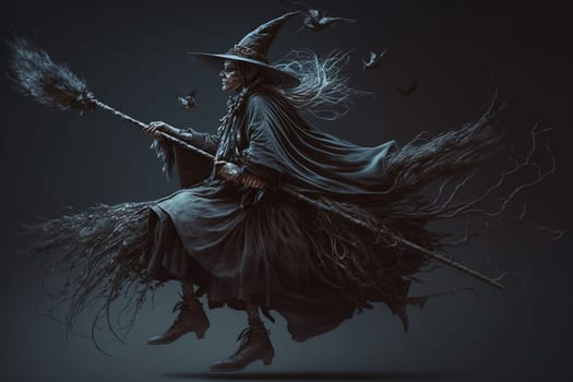 Witch with making witchcraft, magic spells, hat conjuring. Spooky dark magic forest . Magician. Wide Halloween party art design. Terrifying scary personage, beautiful sorceress.