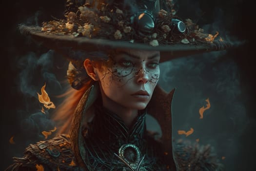 Witch with making witchcraft, magic spells, hat conjuring. Spooky dark magic forest . Magician. Wide Halloween party art design. Terrifying scary personage, beautiful sorceress.