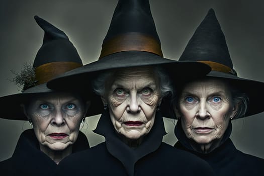 Witch with making witchcraft, magic spells, hat conjuring. Spooky dark magic forest . Magician. Wide Halloween party art design. Terrifying scary personage, beautiful sorceress.