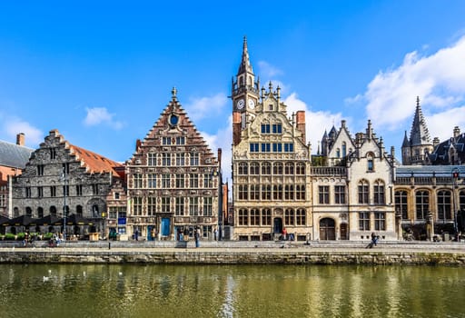 GHENT, BELGIUM - March 04, 2023: The Graslei with Leie river in Gent, a city in the Flemish region of Belgium. Travel concept. High quality photo