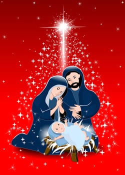 Scene of the Nativity of Jesus Christ. Next to Jesus are Mary and Joseph. Shining Christmas star. Christmas night. Red background.