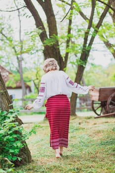 beautiful slender peasant woman in embroidered clothes walks around the yard