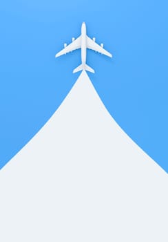 White plane with trail on blue background. Travel by plane vacation summer weekend sea adventure trip journey ticket tour concept. 3d rendering.