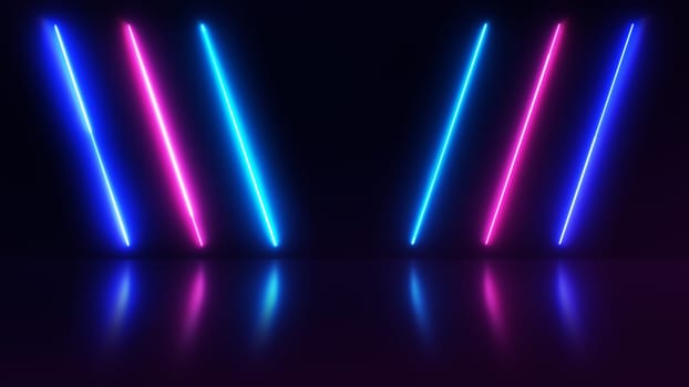 Abstract neon background with colorful beams of light and with bright laser animation and reflective floor. Led Lights.