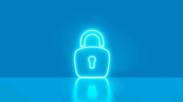 cyber security holographic neon icon blue with reflection background. 3d illustration.