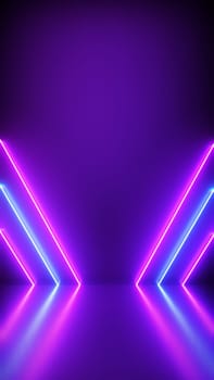 Neon Background Abstract with Light Shapes line diagonals on colorful and reflective floor, party and concert concept. Vertical size.