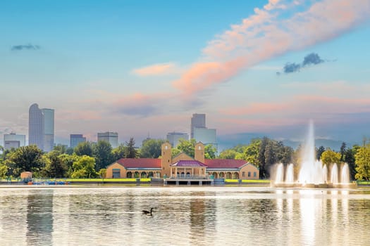 Denver downtown city skyline, cityscape of Colorado in USA at sunset