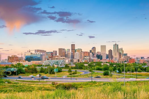 Denver downtown city skyline, cityscape of Colorado in USA at sunset