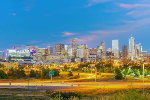 Denver downtown city skyline, cityscape of Colorado in USA at sunset