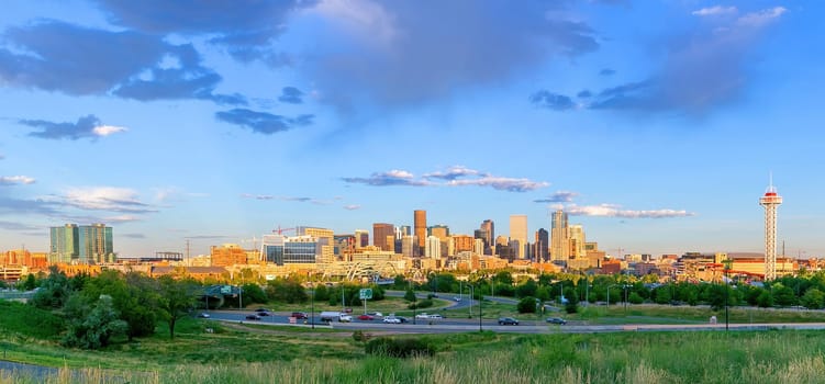 Denver downtown city skyline, cityscape of Colorado in USA at sunset